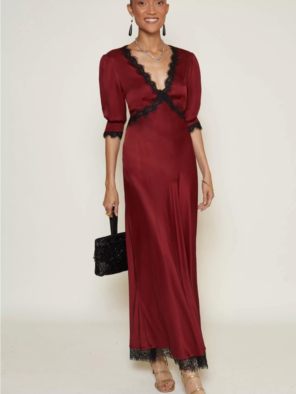 RIXO Gabrielle Satin Maxi Dress Crimson Red - Picture 1 of 7